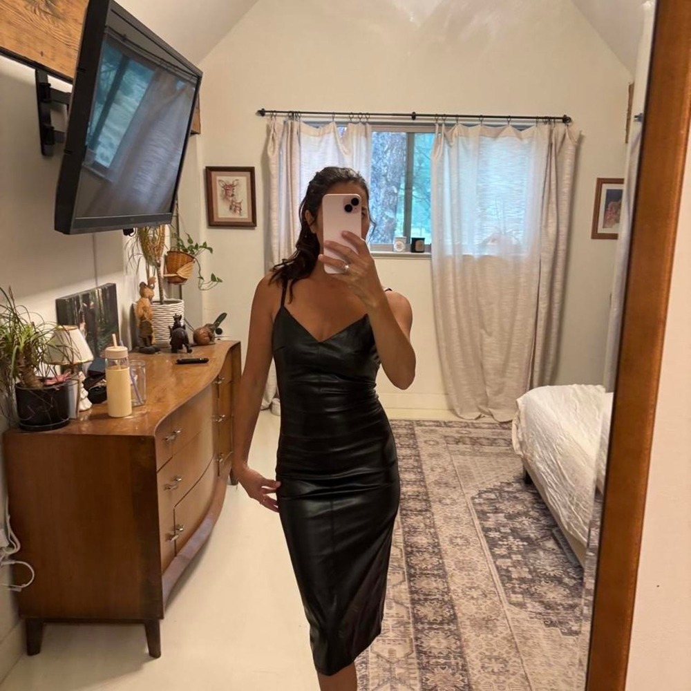 Forever 21 Black Faux Leather Midi Bodycon Dress V-Neck Small